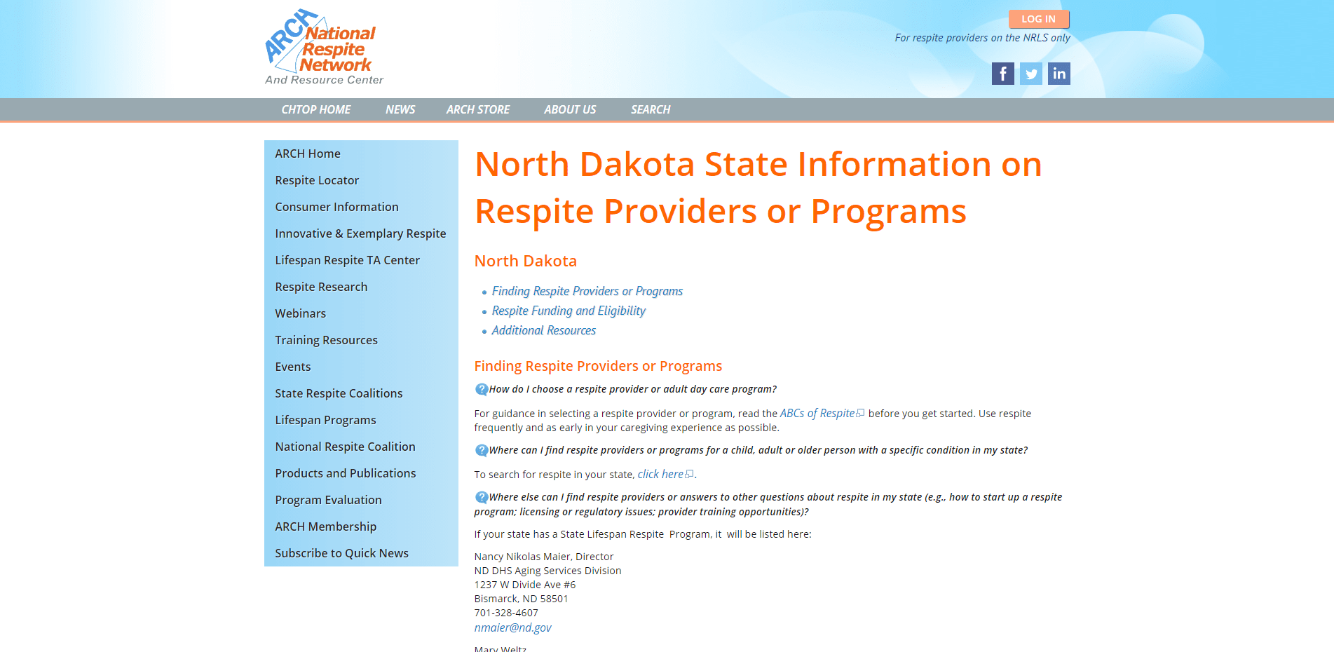 North Dakota State Information on Respite Providers or Programs